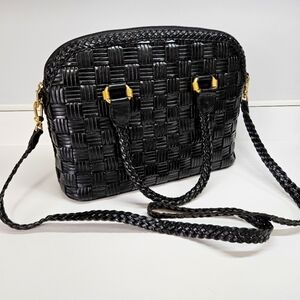 VINTAGE CEM Black Basket Weave Genuine Leather Convertible Shoulder Bag Purse